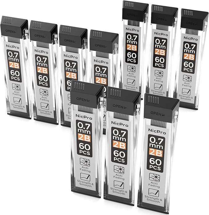 Nicpro 600pcs Mechanical Pencil Refills 0.7 mm, Break Resistant Mechanical Pencil Refills 2B, 60 Pack Per Tube, 10 Tubes