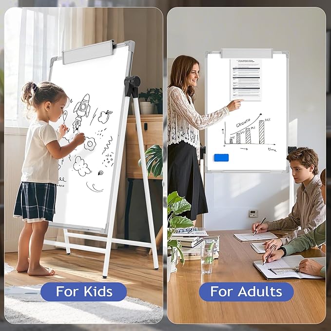 Lumspax Large Double Sided White Board with Stands, 40" x 28" A-Stand Dry Erase Board Easel, Portable Flip Chart Easel with Height Adjustable Design for Home, School, Office