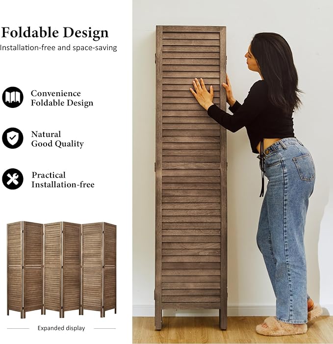 Room Dividers and Folding Privacy Screens, Wood Louvered Separators Divider Wall for Home Office Bedroom - 6 Panels, 67 * 90inch (Brown)