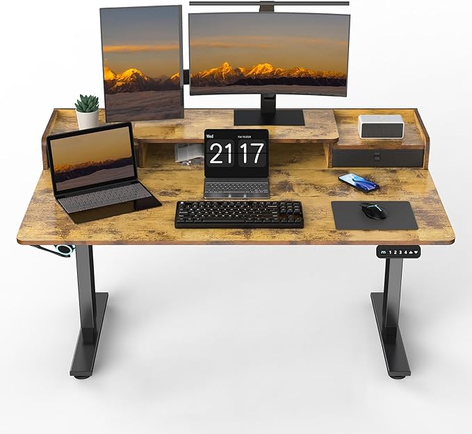 ExaDesk 55 x 30 Inch Electric Standing Desk with 2 Drawers, Adjustable Height Widened Stand Up Desk with Storage, Sit to Stand Ergonomic Workstation for Home Office, Rustic Brown