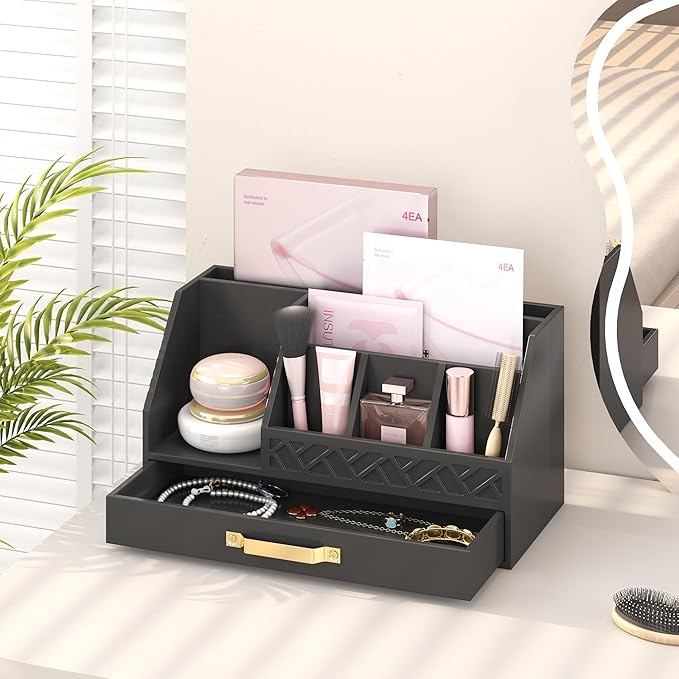 Wisuce Essentials Bamboo Desk Organizer with Drawers, Mail Organizer Countertop Wood Desk Drawer Tabletop Storage Organization Pen Holder Letter Sorter Makeup Organizer for School Home Office (Black)