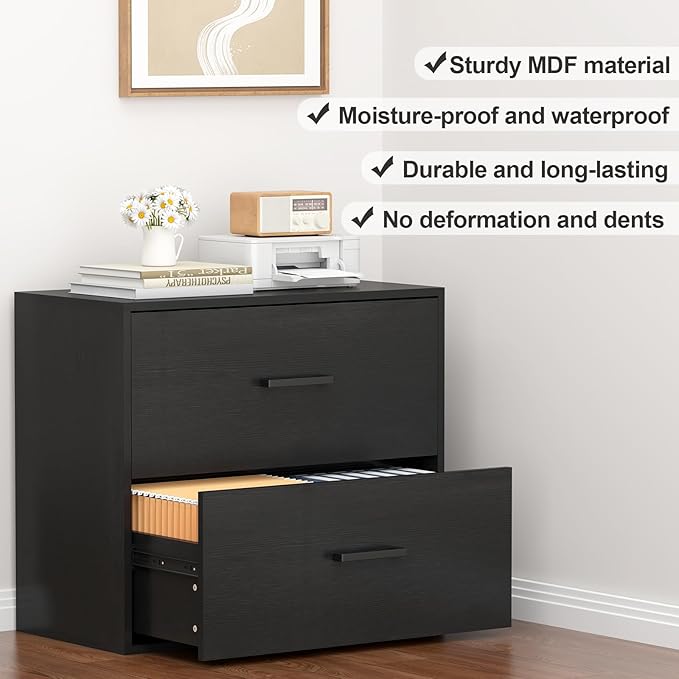 FATIGOS Lateral File Cabinet, Wood Black File Cabinet with Hanging Bars for Letters, Horizontal File Cabinets for Home Office, Black