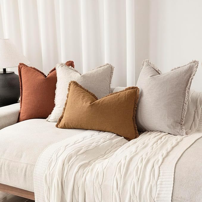 Foindtower Set of 2 Decorative Linen Fringe Throw Pillow Covers Boho Farmhouse Cushion Cover with Tassels Soft Accent Pillowcase for Couch Sofa Bed Living Room Home Decor, 26×26 Inch, Fall Rust Orange