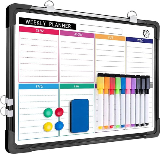 ARCOBIS Small Weekly Dry Erase Board for Wall, 12" x 16" Magnetic Calendar Whiteboard, Hanging Double-Sided White Board for Planning, Memo, to Do List, School, Home, Office, Black Frame