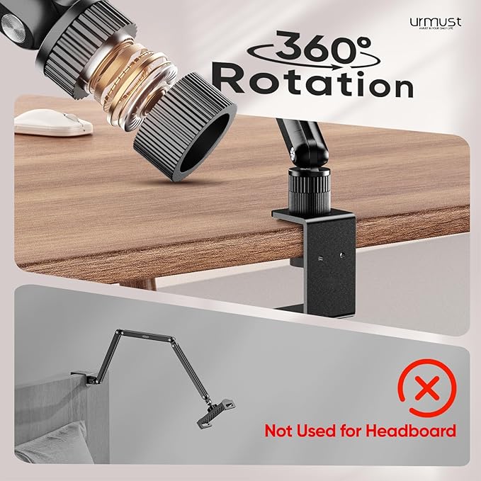 Urmust Tablet Stand for Desk, Adjustable iPad Holder Clamp Mount, 360° Rotation, Sturdy Aluminum Tablet Arm Mount for 4.7"-15.6" iPad Pro/Air/Mini, iPhone, Galaxy Tab, for Kitchen, Work, Video Call