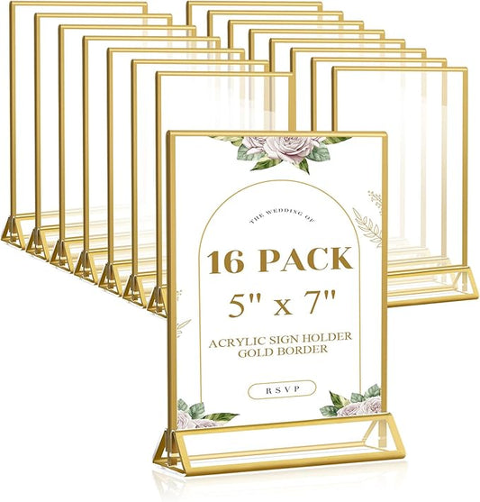 Smarpau Gold Acrylic Sign Holder 5x7, Double-Sided Display Stand, Clear Picture Frames/Flyer Holder/Menu Holder/Table Number for Wedding, Home, Offices(16Pcs)