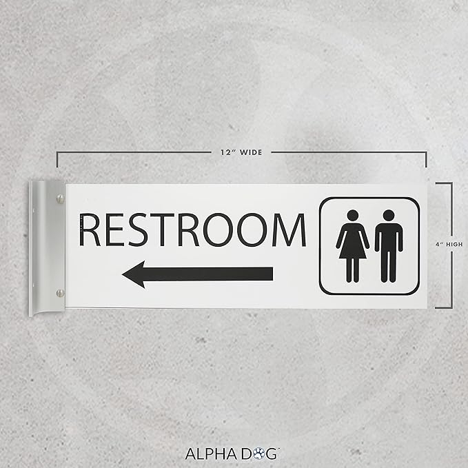 ALPHA DOG SIGNS Corridor Projecting Hallway Bathroom Sign, Left Arrow, 4"x12" Double Sided, Indoor/Outdoor, Easy Install, Durable Business Wayfinding Plaque, USA-Made (White)