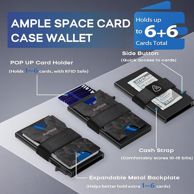 RUNBOX Slim Card Holder Wallet for Men, Minimalist RFID Blocking Wallet with Pop-Up Function, Ultra-Thin Design, Metal Business Card Cases holds 6+6 Cards, Gifts for Men, Men's Accessories