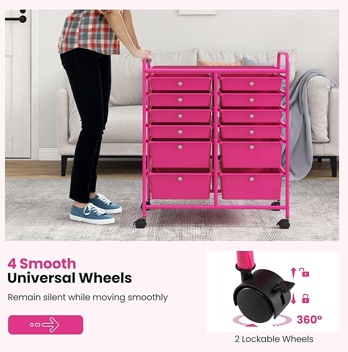 Giantex 12 Drawer Rolling Storage Cart Tools Scrapbook Paper Office School Organizer (Hot Pink)