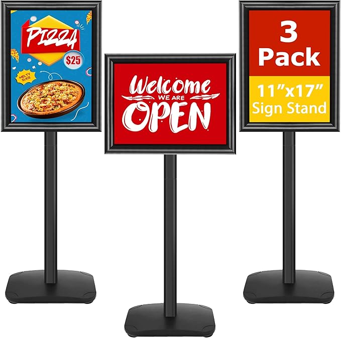 VAIIGO 3 Pack Heavy Duty Sign Holder Stand 11x17 Inch - Pedestal Floor Standing Sign Holder with Weighted Base - Vertical & Horizontal Poster/Menu Display Stands for Indoor/Outdoor Advertising, Black