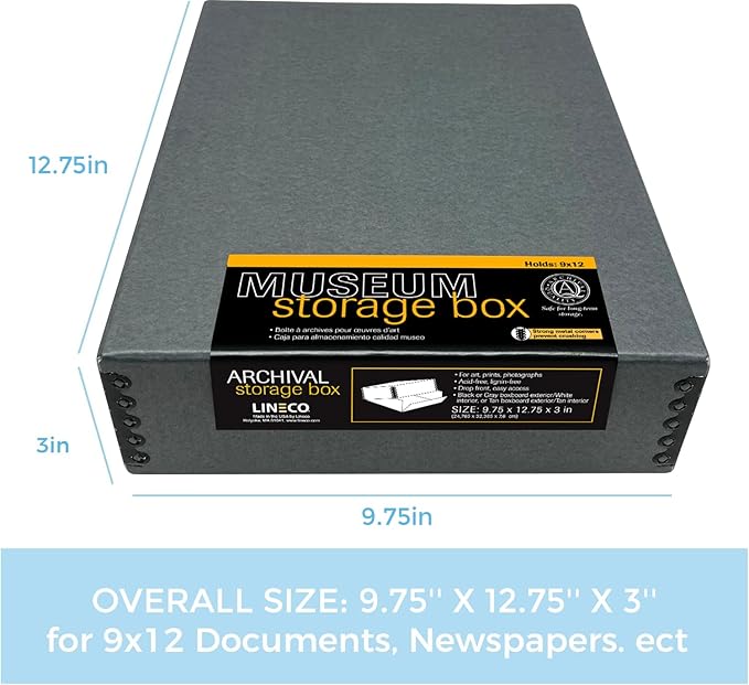 Lineco Museum Archival Storage Box, 9.75x12.75x3 in. Drop Front Design. Acid-Free with Metal Edge. Organize Photos, Pictures, Prints, Documents, Crafts, DIY. Gray, 2 Pack