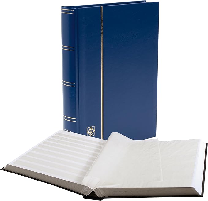 LIGHTHOUSE – “BASIC” Hard Cover Stockbook for Stamps - 64 White Cardstock 9”x12” (A4) Pages with Glassine Strips and Double Linen Hinges - Blue