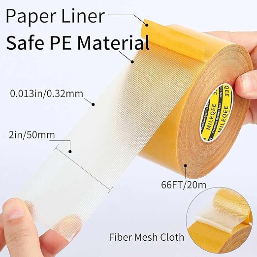 MILEQEE Double Sided Tape Heavy Duty, 2in x 66FT(20m),Universal High Tack, Sticky Resistente Clear Tape,Easy Use Transparent Tape, Strong Wall Adhesive with Fiberglass Mesh, Back School Supplies