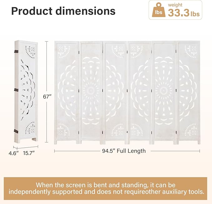 66.9Inch Wooden Room Partition - 6 Panels Boho-Styled Space Room Divider for Home/Office, Headboard & Yoga/Photo/Video Call Backdrop (White)