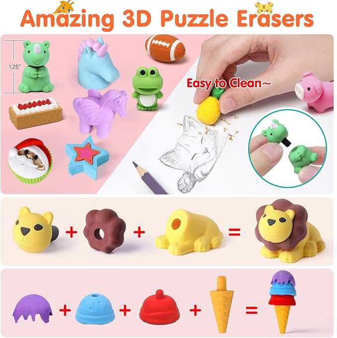 Moosia 60 Pack Animal Pencil Erasers for Kids, 3D Mini Puzzle Take Apart Erasers, Desk Pets & Treasure Box Toys, Bulk Party Favors, Classroom Prizes, School Supplies, Gift for Boys & Girls