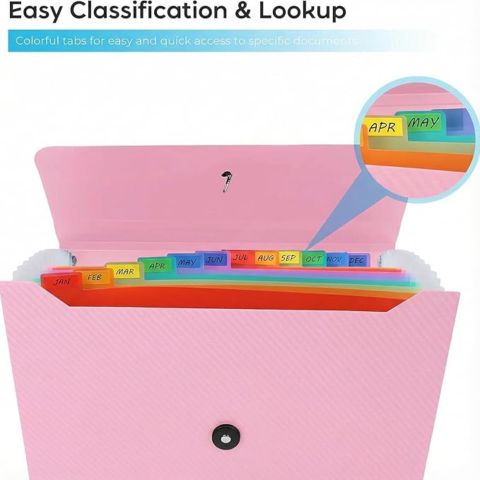 Accordion File Organizer, Accordion Folder for Sorting Documents and Papers, 13 Pockets Expanding File Storage Organizer for Hospital, Home, Travel and Office Use (Pink)