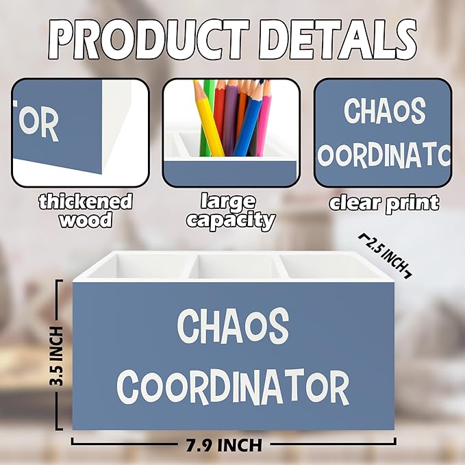 XPH Chaos Coordinator Blue Pen Pencil Holder Organizer for Desk, Thank You Gifts for Women Men Coworkers Boss Leader Manager, Appreciation Gifts Wooden Box Sign for Office Tabletop Decorations
