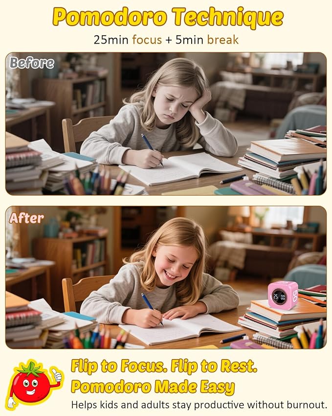 Digital Pomodoro Timer Cube 5/10/25/50min, Visual Productivity Flip Timer for Kids Classroom Desk, Custom Countdown, Silent and Sound Mode for ADHD Study Work Game Kitchen (Pink)
