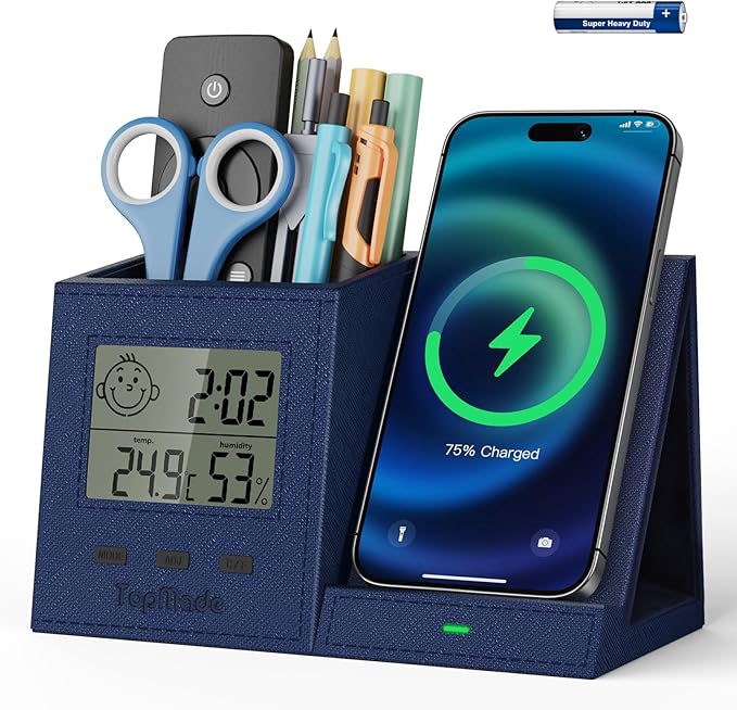 TopMade Wireless Charger with Pen Holder, PU Leather Desk Nightstand Organizer Fast Charging Station, Home Office Supplies Pencil Holder, Digital Thermometer and Humidity Gauge, Gifts for Men(Blue)