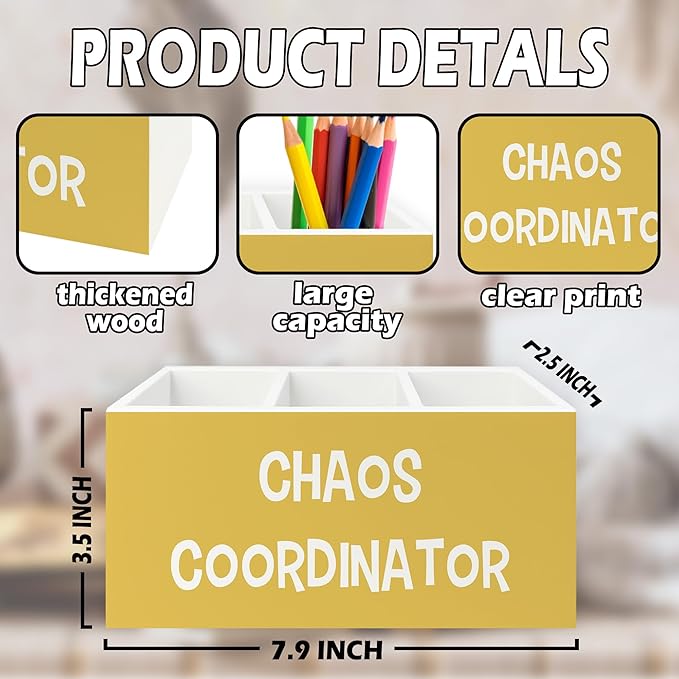 XPH Chaos Coordinator Yellow Pen Pencil Holder Organizer for Desk, Thank You Gifts for Women Men Coworkers Boss Leader Manager, Appreciation Gifts Wooden Box Sign for Office Tabletop Decorations