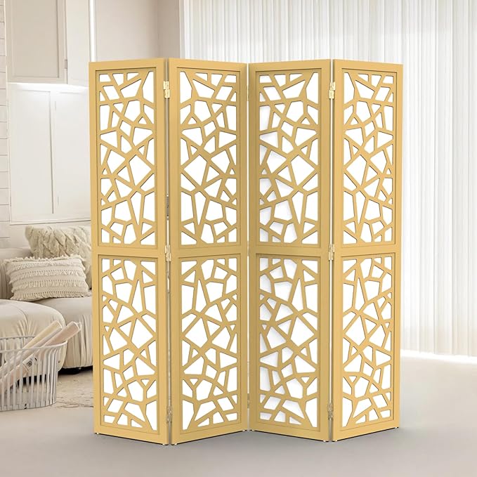VINGLI 70'' H Room Divider, Non-Woven Fabric Privacy Screen, Indoor Partition Wall Dividers, Freestanding Hinged Space Separator with Modern Unique Pattern (Gold, 4 Panel)