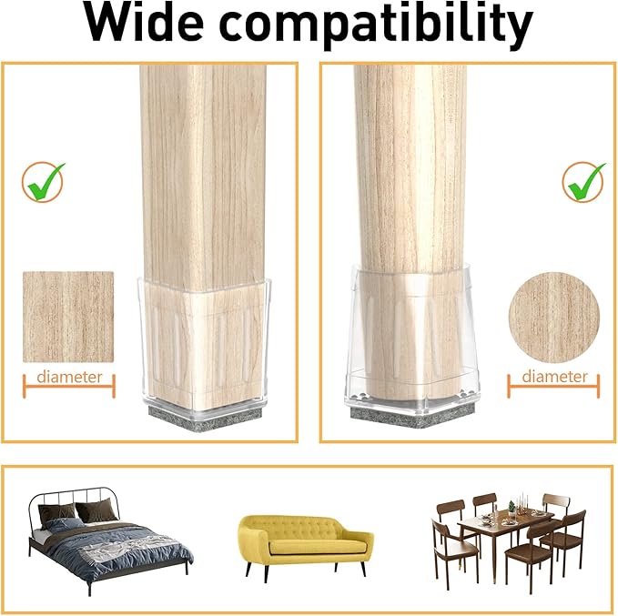 Square Chair Leg Protectors for Hardwood Floors, 16 Pcs Silicone Felt Furniture Leg Cover. 3/4" -7/8", Clear.