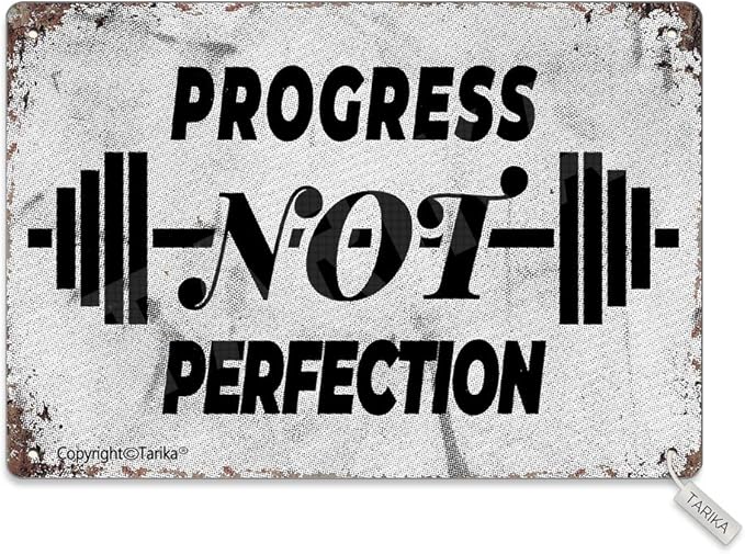 Tarika Progress Not Perfection 20X30 cm Iron Retro Look Decoration Poster Sign for Home Gym Inspirational Quotes Wall Decor
