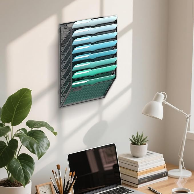 SUPEASY 8-Tier Wall File Organizer, Hanging Wall Files for Papers, Folders, Magazines, Wall Organizer for Clipboard, Assembly Needed, Black