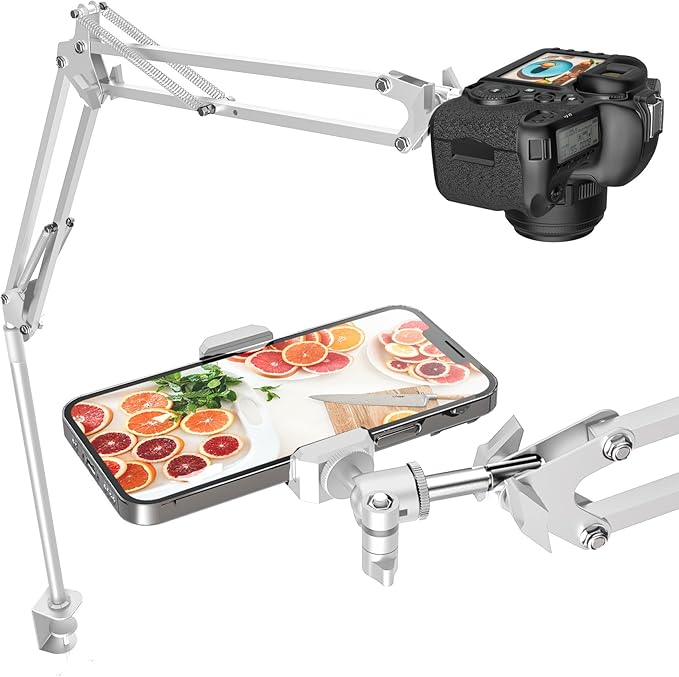 CACENCAN Overhead Camera Mount, 5lb Horizontal Load-Bearing, 360° Adjustable Stand for Desk, Flexible Arm Desk Mount, with Phone Clamp, Tabletop Mount for DSLR Camera/Webcam/Microphone（White