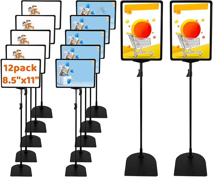 BBTEQEKN 12 Pcs Adjustable Poster Stand Holder, 8.5 x 11 Inch Vertical and Horizontal Sign Poster Stands, Floor Standing Display Sign Holder for Advertisement Menu Display, Black