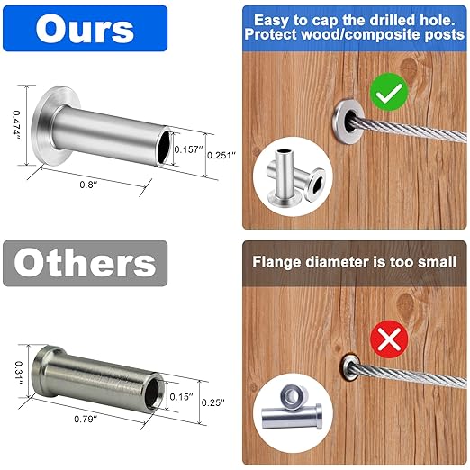 BLIKA 40 Pack Stainless Steel Protector Sleeves for 1/8" Deck Cable Railing, for Wood/Composite Posts, T316 Marine Grade, Cable Railing Protector Sleeves