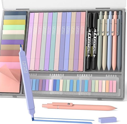 Nicpro 62 PCS Aesthetic Book Annotation Kit with Case, Book Annotation Supplies with No Bleed Highlighters, Pens, Markers and 1200PCS Transparent Sticky Notes, Index Tabs for Bible Study Supplies