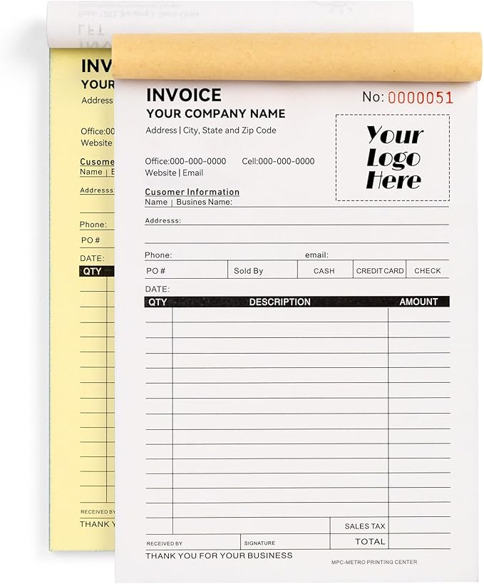 100 Sets Custom 5.7" X 8.5" Invoice Receipt Book, Personalized Duplicate Carbonless Form with Logo/Text, Paper 2-Part/3-Part in Bulk Purchase Orders, Sales Orders, Price Forms (2-Part)
