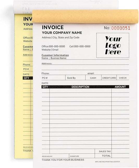 100 Sets Custom 5.7" X 8.5" Invoice Receipt Book, Personalized Duplicate Carbonless Form with Logo/Text, Paper 2-Part/3-Part in Bulk Purchase Orders, Sales Orders, Price Forms (2-Part)