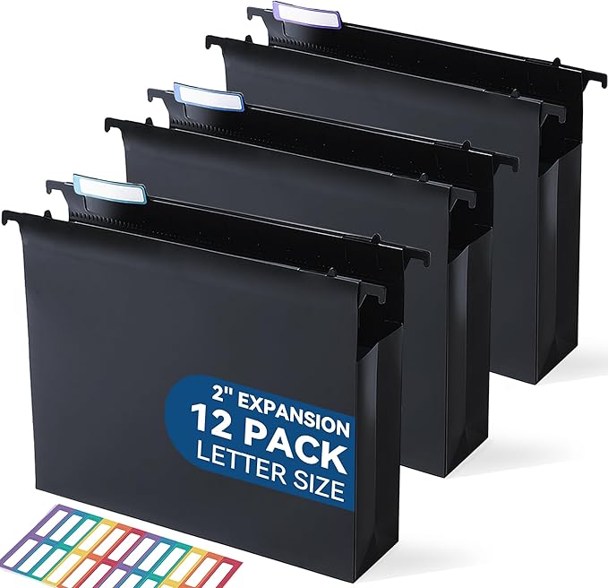 SortRax Plastic Extra Capacity Hanging File Folders, 2" Expanding Pocket, Heavy Duty for Filing Cabinet, Insertable 1/5-Cut Tabs, Letter Size - 12 Pack