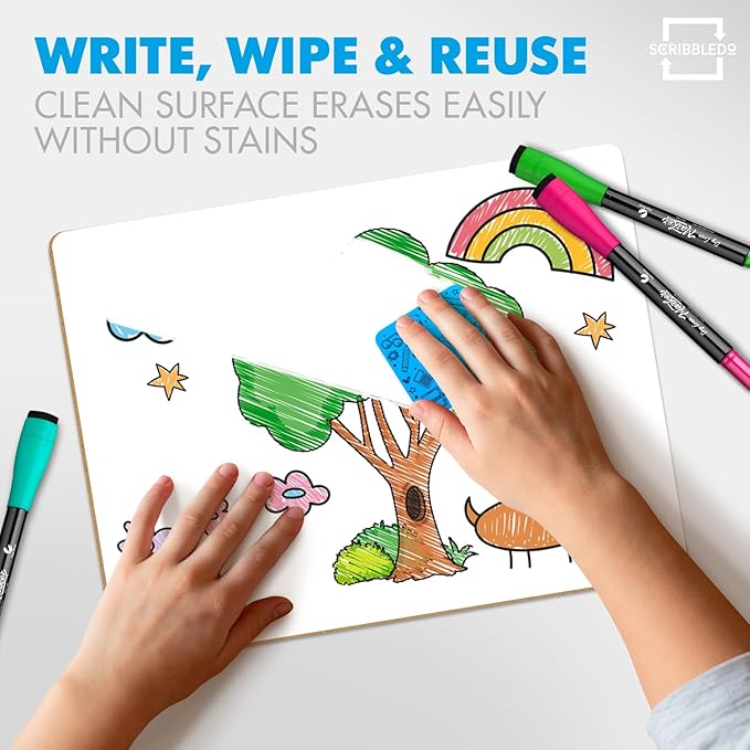 Set of 12 Small White Board Dry Erase Boards Classroom Pack Mini White Boards 9"x12” Double Sided Personal Whiteboards for Students Teachers School Supplies Lapboards l 12 Mini Whiteboard Erasers Incl