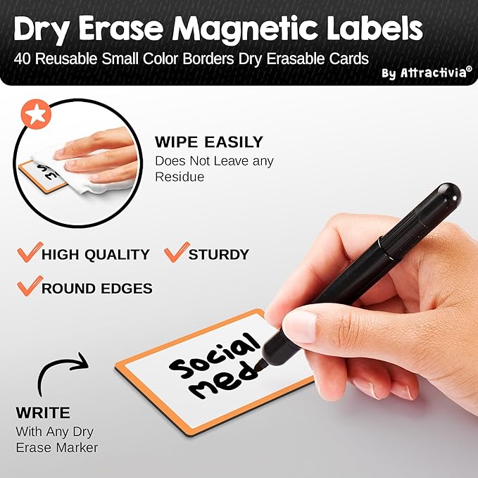 Attractivia Dry Erase Magnetic Labels 2.8 x 1.8 in, Color Borders, Small Dry Erase Magnets, 40-Pack, White Erasable Write-On All-Purpose Labels, for Office, Education, Home, Whiteboard