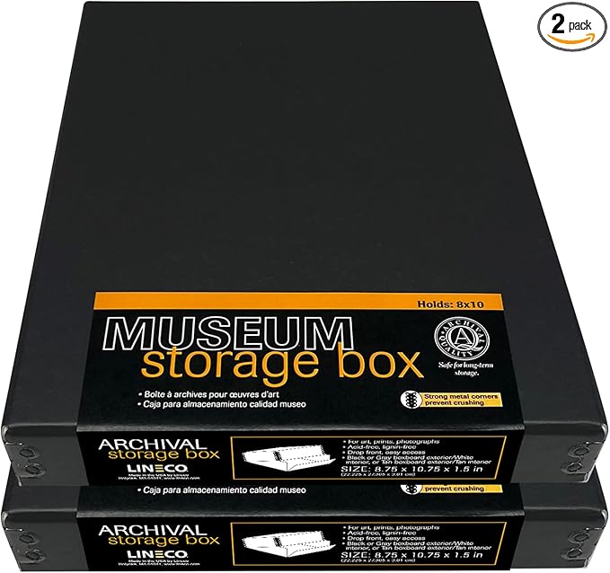 Lineco Museum Archival Storage Box, 8.75x10.75x1.5 in. Drop Front Design. Acid-Free with Metal Edge. Organize Photos, Pictures, Prints, Documents, Crafts, DIY. Black, 2 Pack