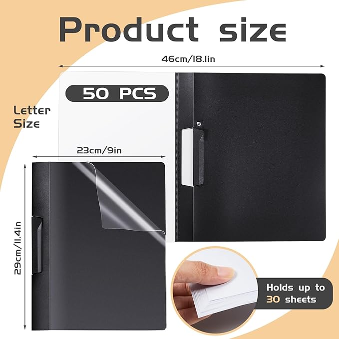 Maitys 50 Pack Durable Clear Report Covers with Rotary Clip 11 x 9 in Letter Size Presentation Folders Transparent Front Cover Portfolio Folder Resume Folder Interview Report Folders (Black)