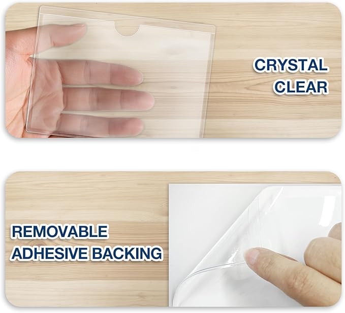H4D 24 Pack Labels for Storage Bins, 3" x 5" Plastic Clear Adhesive Index Card Holders, Tote Label Pockets for Organizing Storage, Library Card, Shelves