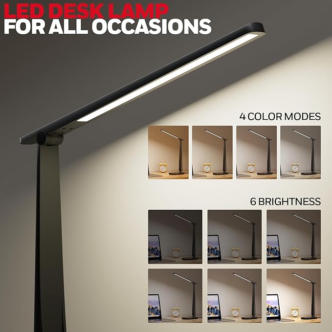 Honeywell LED Desk Lamp for Home Office, Eye-Caring Light with 4 Color Modes & Touch Control, USB A+C Charging Ports, Adjustable Rotating Head with Timer for Reading, Bedroom & Small Desks