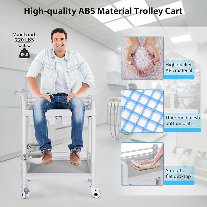 Medical Mobile Trolley Cart 2-Shelf 220 LBS Max Load Rolling Utility Cart Heavy Duty Beauty Salon Storage Cart with Drawers Dirt Buckets Rotate Wheels 2 Brake for Hospital Dental Clinic Home