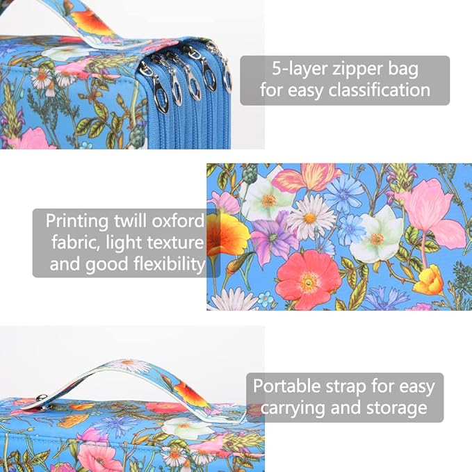 Vomgomfom Colored Pencil Case - 252 Slot Holder with Zipper Closure, Twill Fabric Large Capacity Pencil Case for Watercolor Pens, Markers, Artist Organizer (Blue Flower)