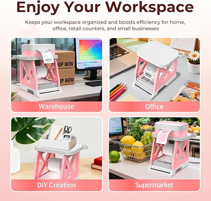 Guermok 3-in-1 Thermal Label Holder Stand for Printer – Desk Organizer for Roll & Fan-Fold Labels, Cable Management, Easy Assembly for Home, Office, Retail & Small Business(Pink)
