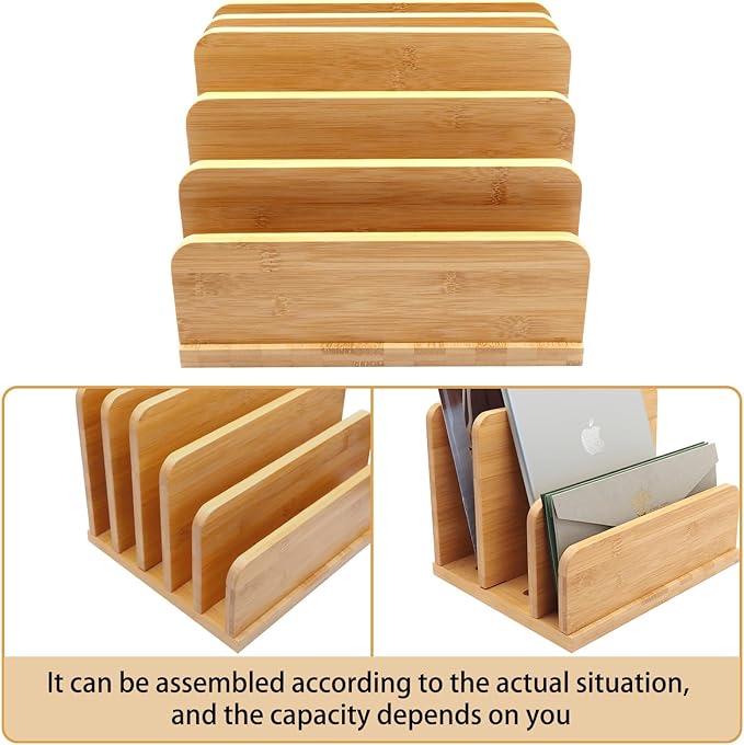 Deefielly Desk File Mail Organizer Countertop, 5 Slots Bamboo Folder Sorter Holder for Letter, Envelope, Paper, Bill Filing, Desktop Tray Organizer for Office & Home