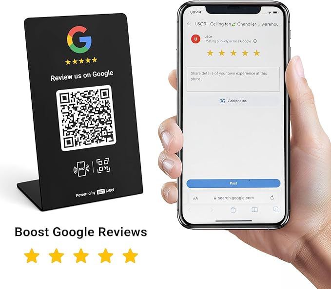 HotLabel – Google Review Stand 1-Pack – Bonus Google Review Tap Card 1-Pack – Black – NFC Tap & QR Code – Supports 2 Different Stores or Same - All Phones Compatible – No App/Subscription