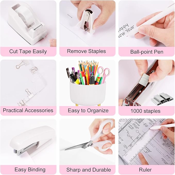 Gawsey Desk Organizers and Accessories Set with 360-Degree Rotating Pen Holder, Tape Dispenser, Stapler, Staple Remover, 1000 Staples, Tape, Clips Set, Ruler, Scissor, Pen