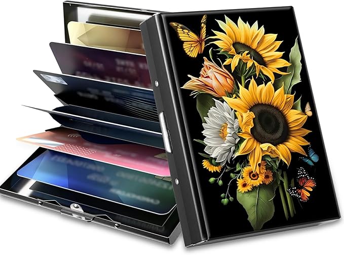 BWEGRHE Slim Credit Card Holder, Sunflowers Butterfly RFID Blocking Metal Wallet for Men & Women, Aluminum Minimalist Hard Case Pocket-Sized Business Cards Organizer (Fits Up to 10 Cards)