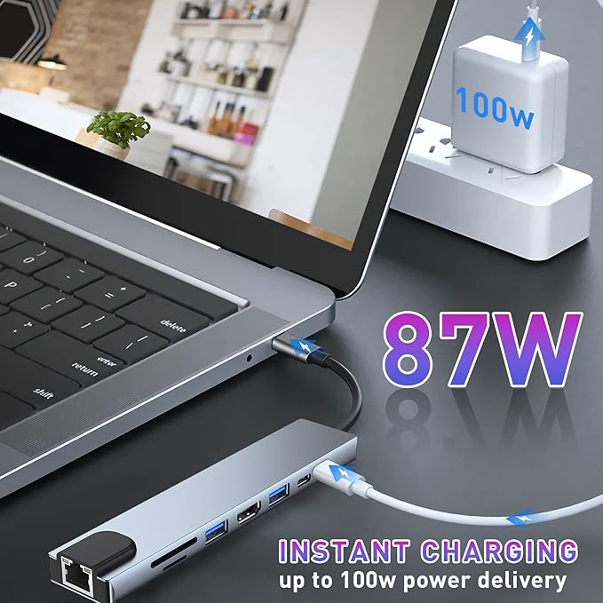 USB C HUB, 8 in 1 USB C Adapter with 4K HDMI, 100W PD, USB C Port, USB 3.0, RJ45 Ethernet, SD/TF Card Reader, Docking Station Compatible with MacBook Pro/Air USB C Laptops and Other Type C Devices