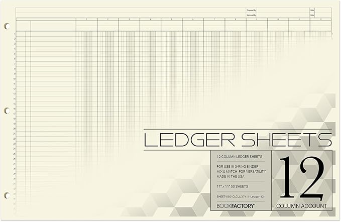 BookFactory Ledger Sheets/Large 12 Column Accounting Ledger Columnar (Twelve Columns) Loose Leaf Paper - 17'' x 11'', 50 Pages, Loose Leaf, 3 Hole Punched (Made in USA)